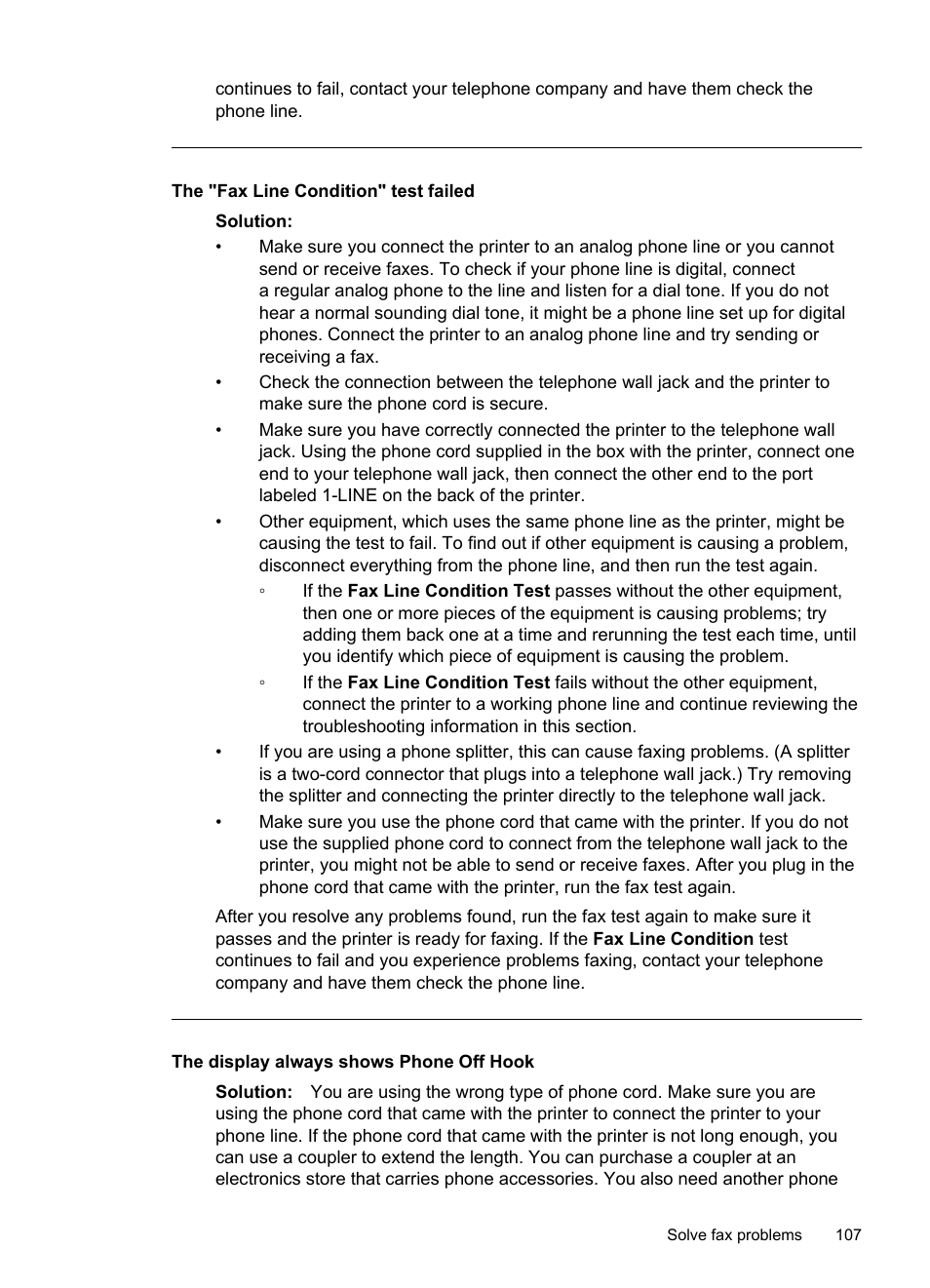 The display always shows phone off hook, The "fax line condition" test failed | HP Officejet 6700 Premium e-All-in-One Printer - H711n User Manual | Page 111 / 224