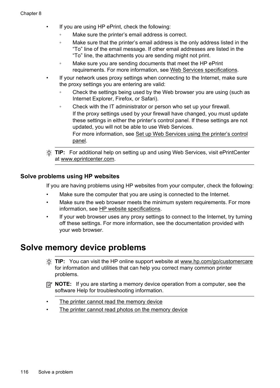 Solve problems using hp websites, Solve memory device problems, He printer cannot read the memory device | He printer cannot read photos on the memory device | HP Officejet 6700 Premium e-All-in-One Printer - H711n User Manual | Page 120 / 224