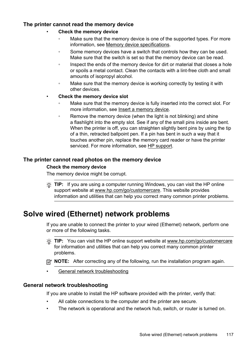 The printer cannot read the memory device, Solve wired (ethernet) network problems, General network troubleshooting | HP Officejet 6700 Premium e-All-in-One Printer - H711n User Manual | Page 121 / 224