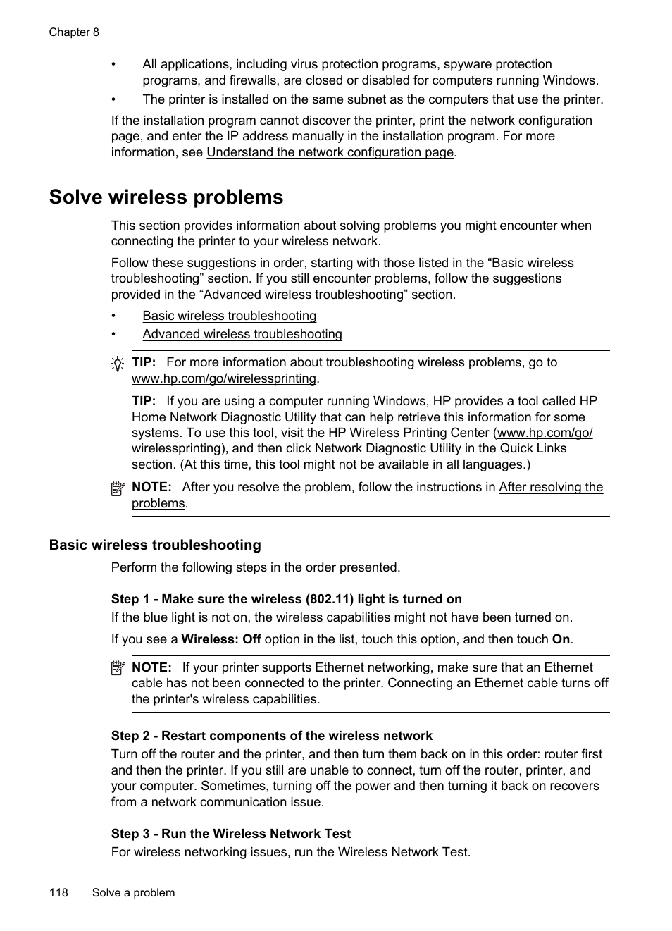 Solve wireless problems, Basic wireless troubleshooting | HP Officejet 6700 Premium e-All-in-One Printer - H711n User Manual | Page 122 / 224