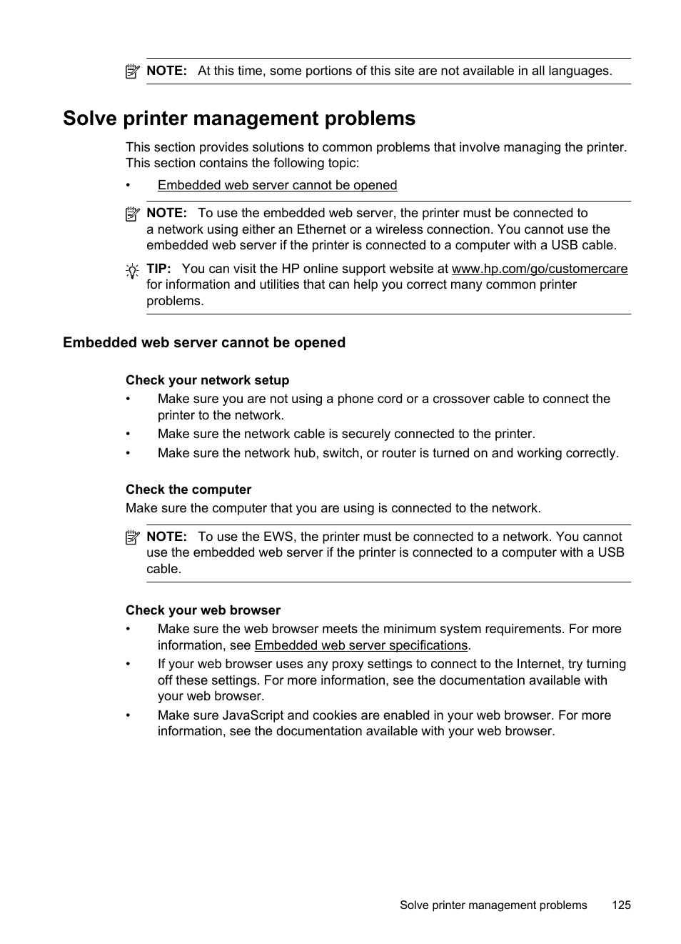 Solve printer management problems, Embedded web server cannot be opened | HP Officejet 6700 Premium e-All-in-One Printer - H711n User Manual | Page 129 / 224