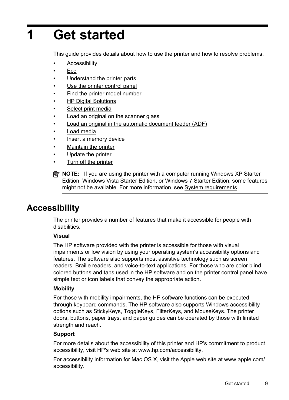 Get started, Accessibility, 1get started | HP Officejet 6700 Premium e-All-in-One Printer - H711n User Manual | Page 13 / 224