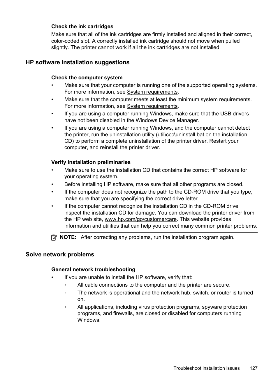 Hp software installation suggestions, Solve network problems | HP Officejet 6700 Premium e-All-in-One Printer - H711n User Manual | Page 131 / 224