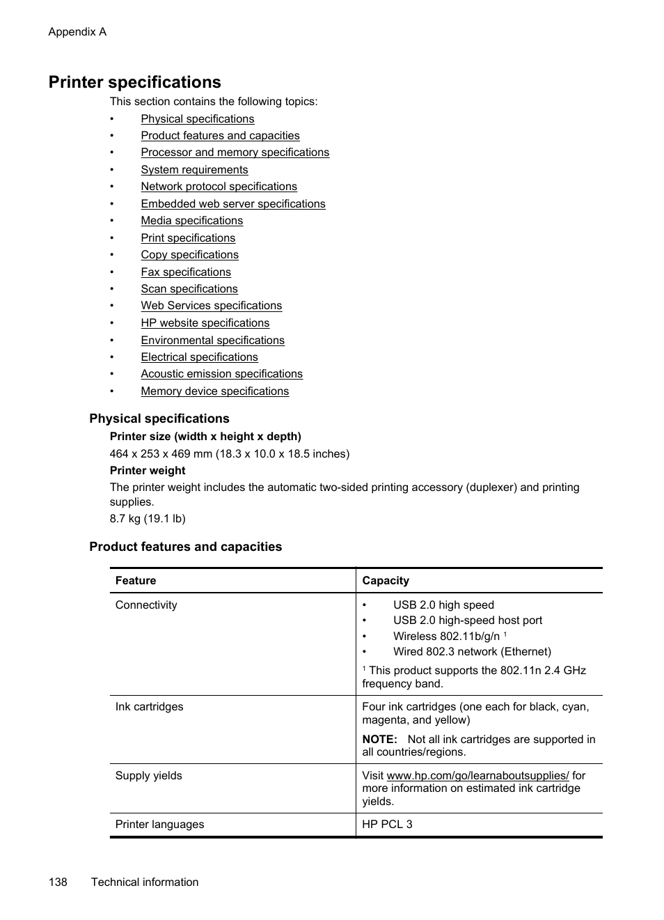 Printer specifications, Physical specifications, Product features and capacities | Print specifications copy specifications, Hp eprint printer apps, Usb flash drives | HP Officejet 6700 Premium e-All-in-One Printer - H711n User Manual | Page 142 / 224