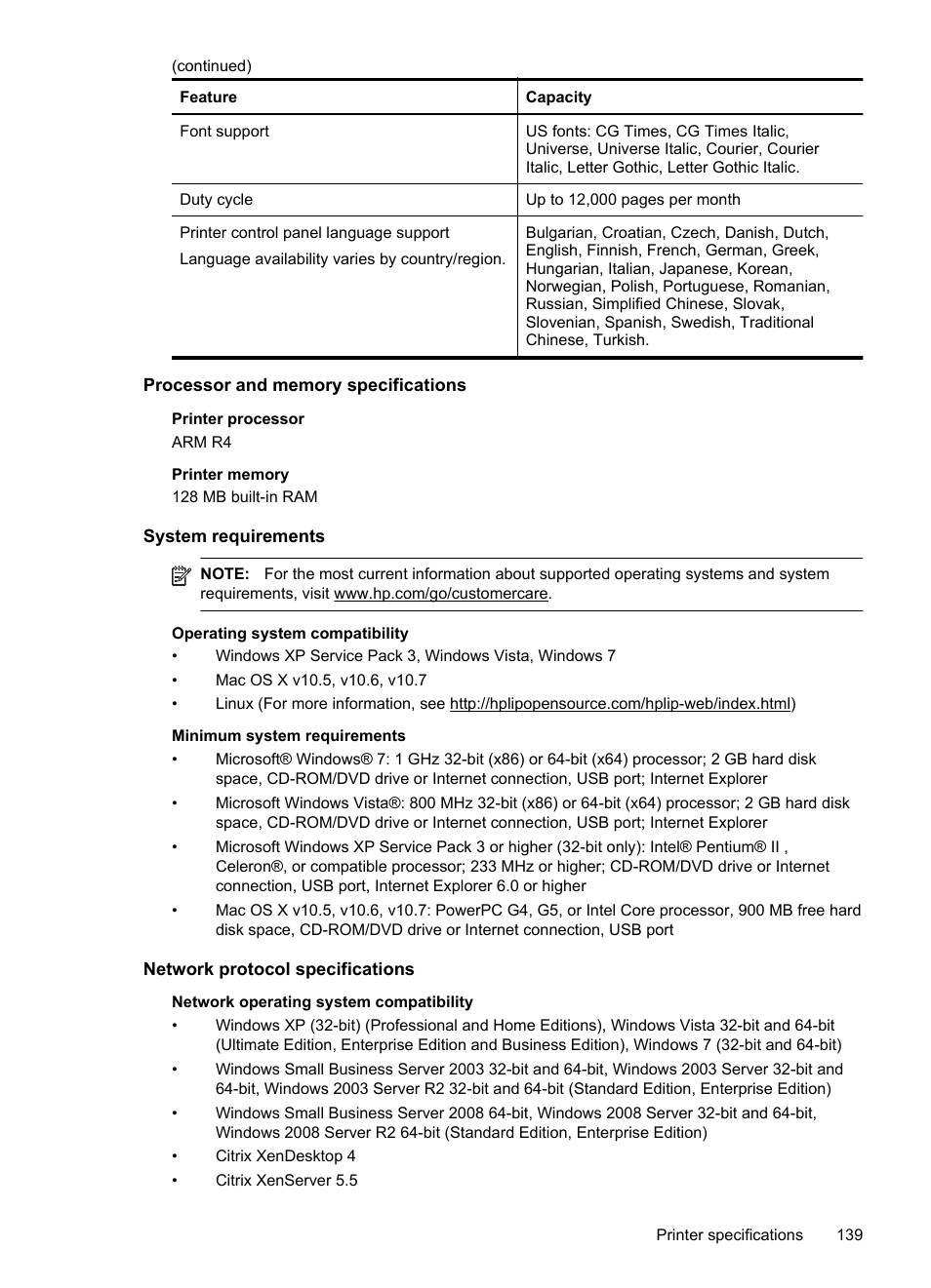 Processor and memory specifications, System requirements, Network protocol specifications | HP Officejet 6700 Premium e-All-in-One Printer - H711n User Manual | Page 143 / 224