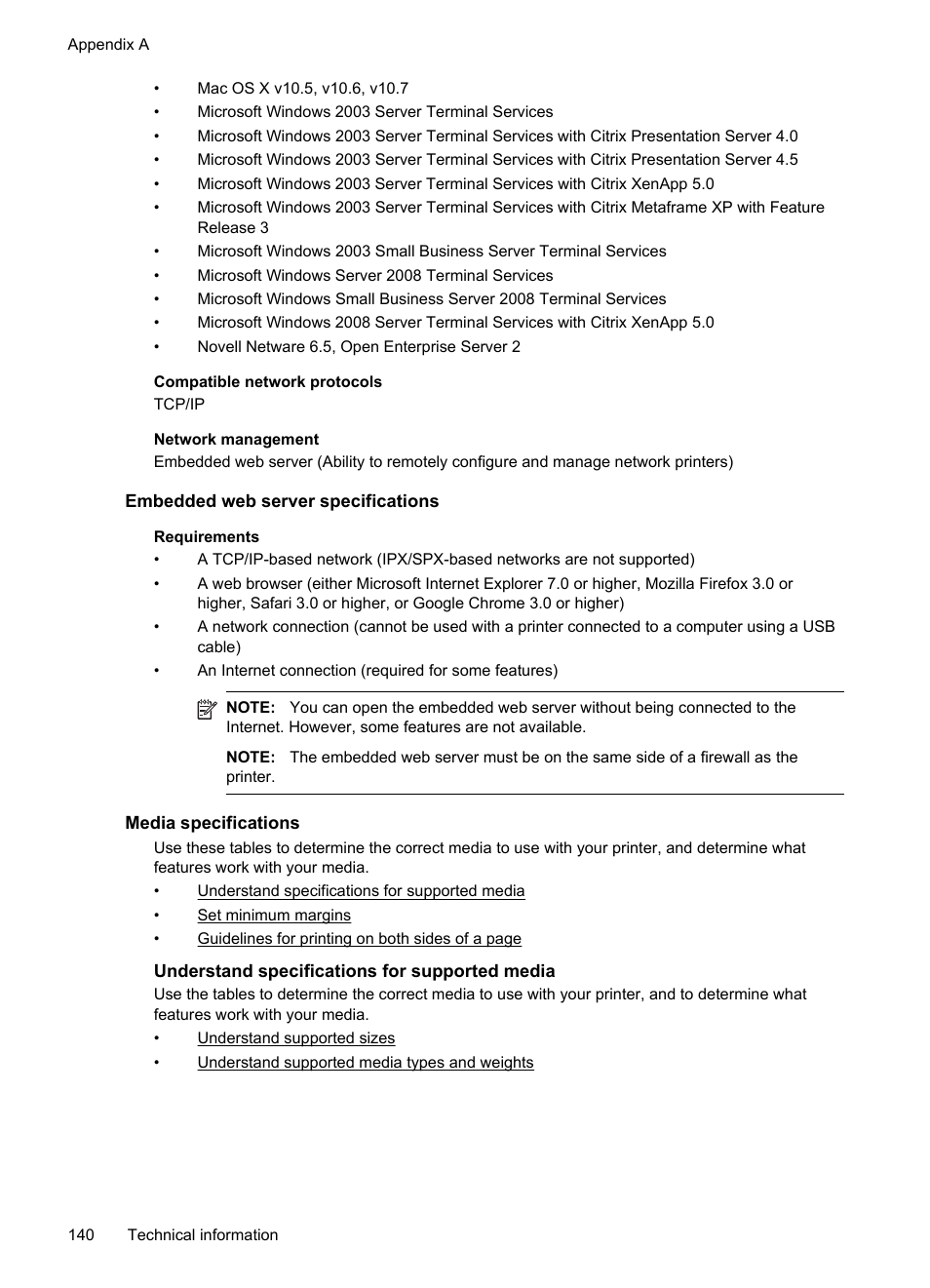 Embedded web server specifications, Media specifications, Understand specifications for supported media | E media specifications, See media specifications | HP Officejet 6700 Premium e-All-in-One Printer - H711n User Manual | Page 144 / 224