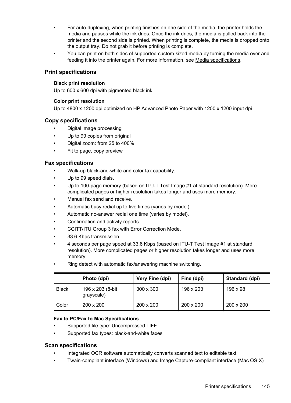Print specifications, Copy specifications, Fax specifications | Scan specifications | HP Officejet 6700 Premium e-All-in-One Printer - H711n User Manual | Page 149 / 224