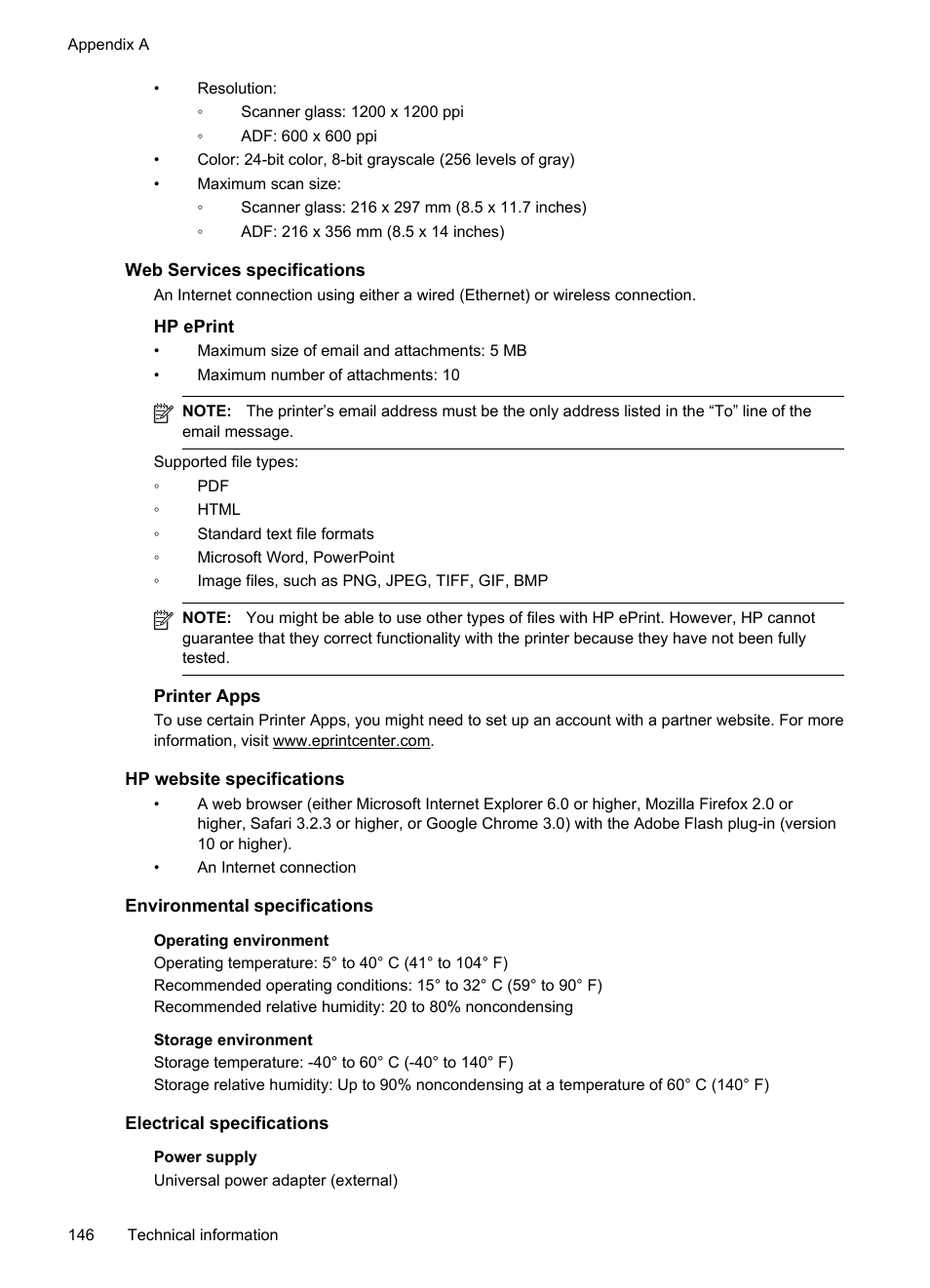 Web services specifications, Hp eprint, Printer apps | Hp website specifications, Environmental specifications, Electrical specifications, See web services specifications, E hp website specifications | HP Officejet 6700 Premium e-All-in-One Printer - H711n User Manual | Page 150 / 224