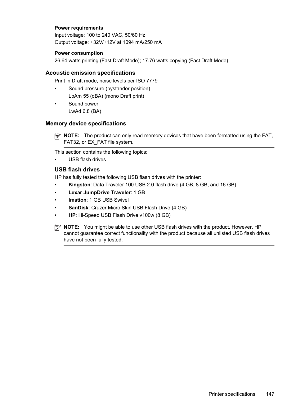 Acoustic emission specifications, Memory device specifications, Usb flash drives | HP Officejet 6700 Premium e-All-in-One Printer - H711n User Manual | Page 151 / 224