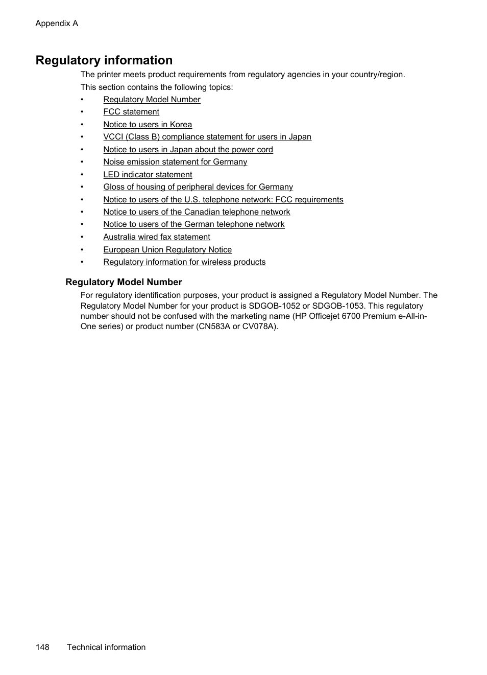 Regulatory information, Regulatory model number, Regulatory information for wireless products | HP Officejet 6700 Premium e-All-in-One Printer - H711n User Manual | Page 152 / 224