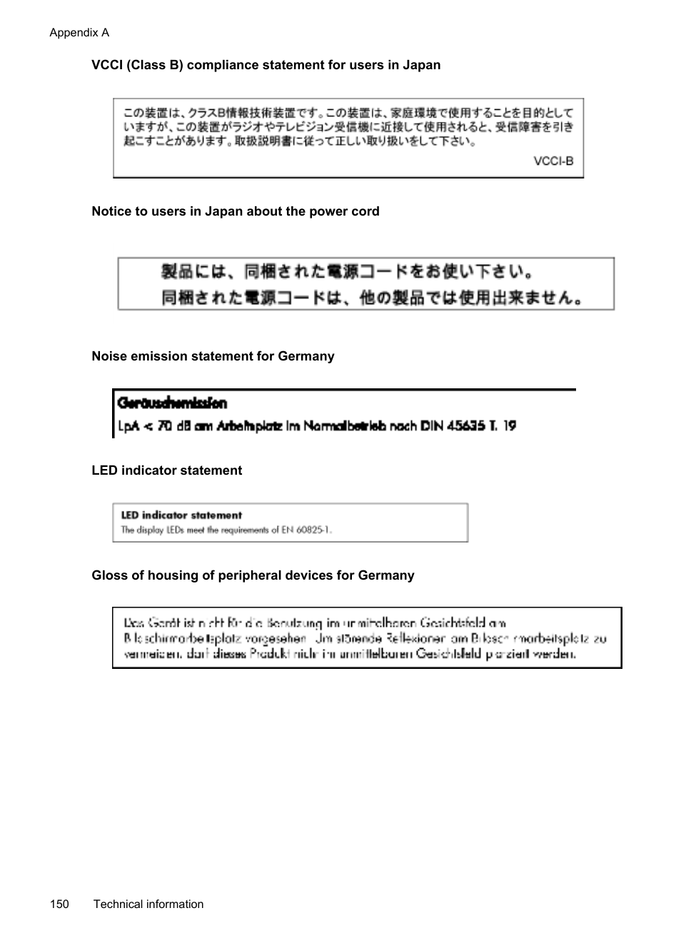 Notice to users in japan about the power cord, Noise emission statement for germany, Led indicator statement | Gloss of housing of peripheral devices for germany | HP Officejet 6700 Premium e-All-in-One Printer - H711n User Manual | Page 154 / 224
