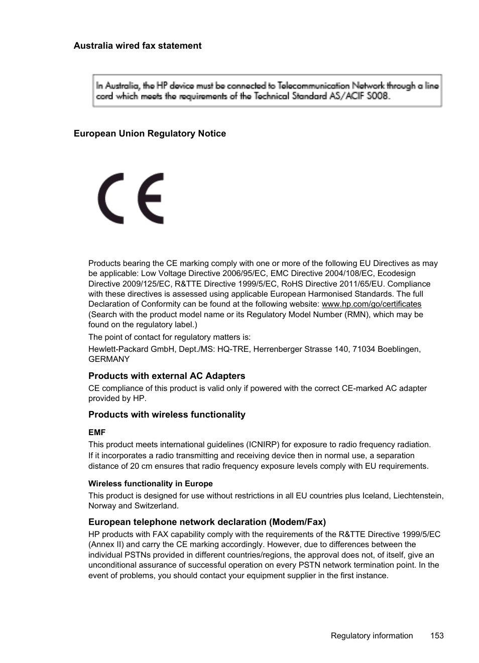 Australia wired fax statement, European union regulatory notice, Products with external ac adapters | Products with wireless functionality, European telephone network declaration (modem/fax) | HP Officejet 6700 Premium e-All-in-One Printer - H711n User Manual | Page 157 / 224