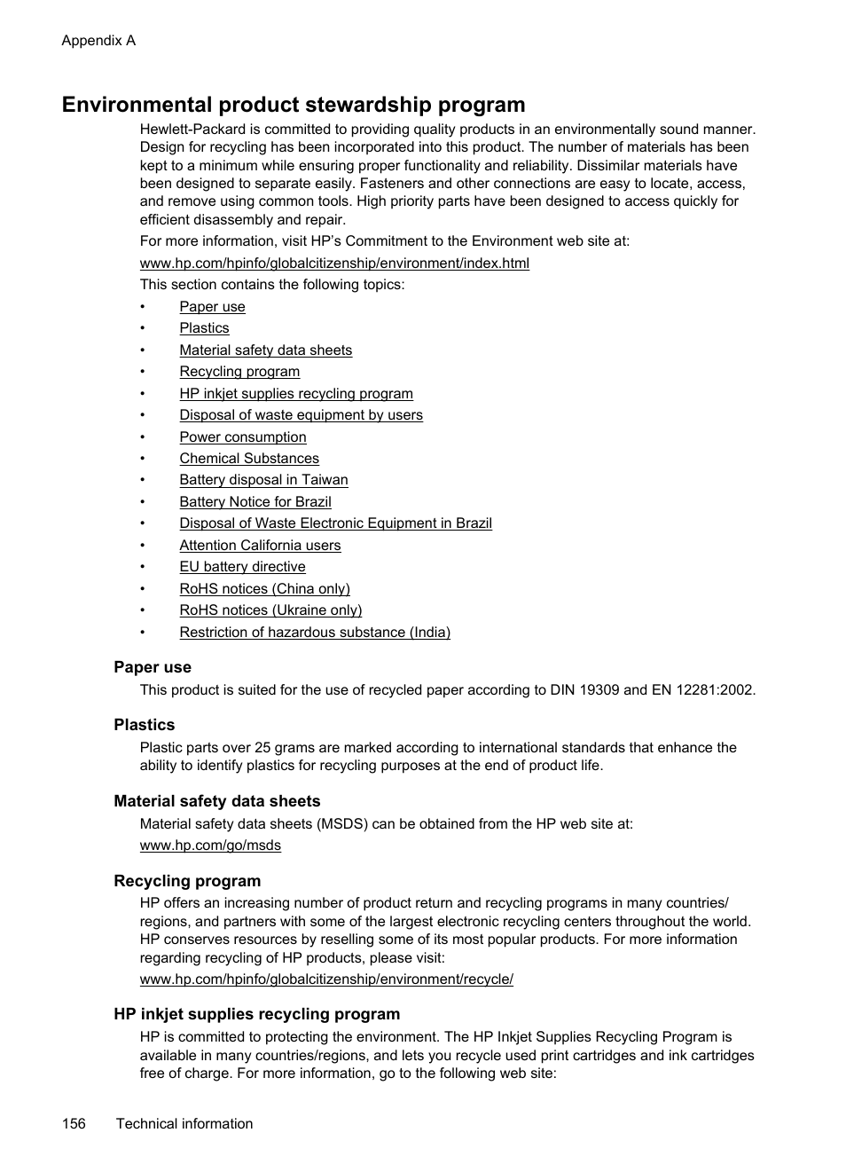 Environmental product stewardship program, Paper use, Plastics | Material safety data sheets, Recycling program, Hp inkjet supplies recycling program | HP Officejet 6700 Premium e-All-in-One Printer - H711n User Manual | Page 160 / 224