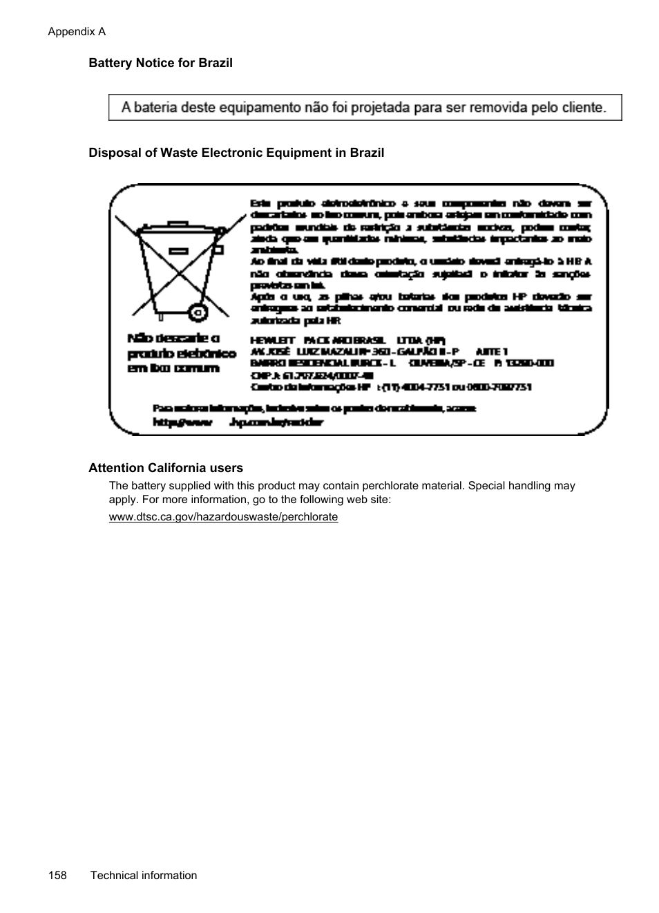 Battery notice for brazil, Disposal of waste electronic equipment in brazil, Attention california users | HP Officejet 6700 Premium e-All-in-One Printer - H711n User Manual | Page 162 / 224