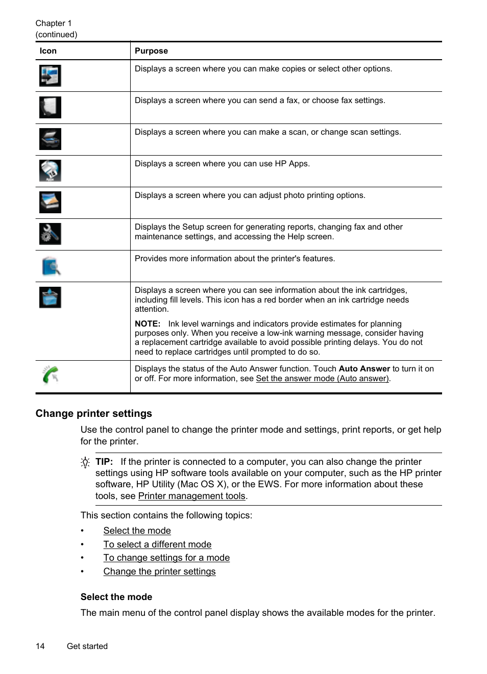 Change printer settings, Select the mode | HP Officejet 6700 Premium e-All-in-One Printer - H711n User Manual | Page 18 / 224
