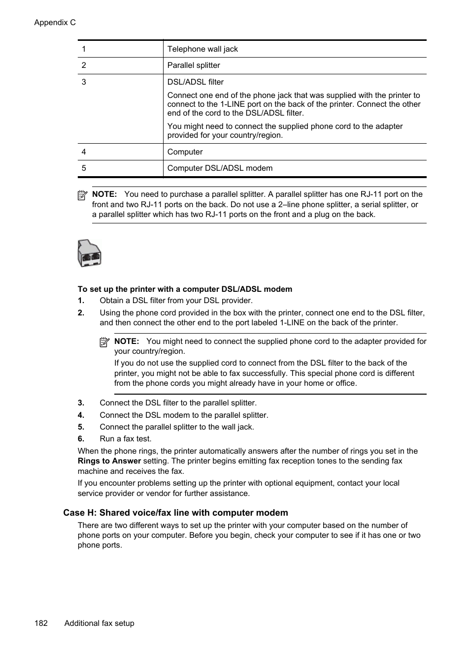 Case h: shared voice/fax line with computer modem | HP Officejet 6700 Premium e-All-in-One Printer - H711n User Manual | Page 186 / 224