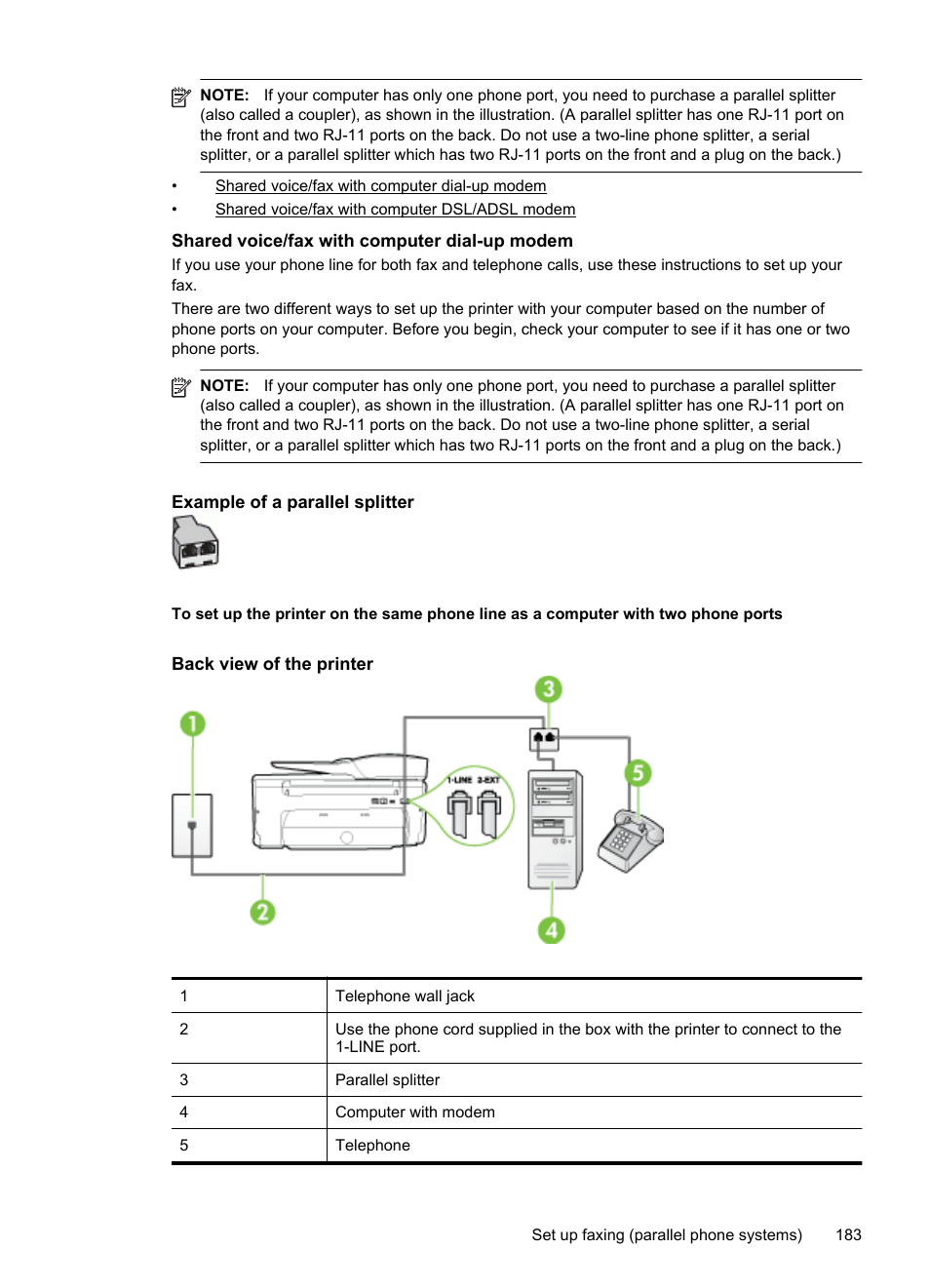 Shared voice/fax with computer dial-up modem | HP Officejet 6700 Premium e-All-in-One Printer - H711n User Manual | Page 187 / 224