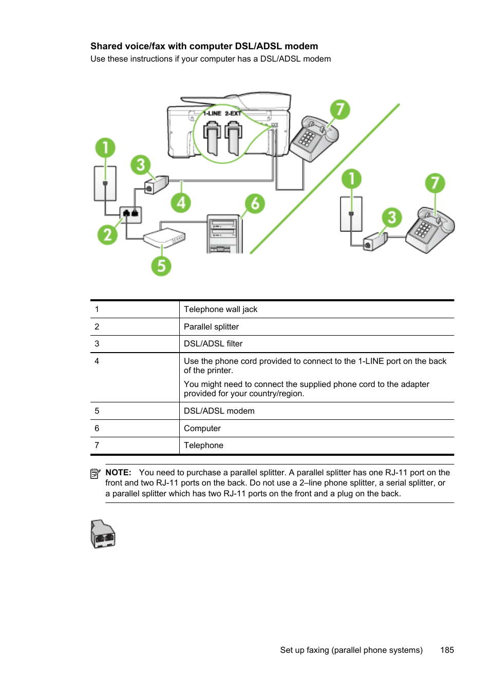 Shared voice/fax with computer dsl/adsl modem | HP Officejet 6700 Premium e-All-in-One Printer - H711n User Manual | Page 189 / 224