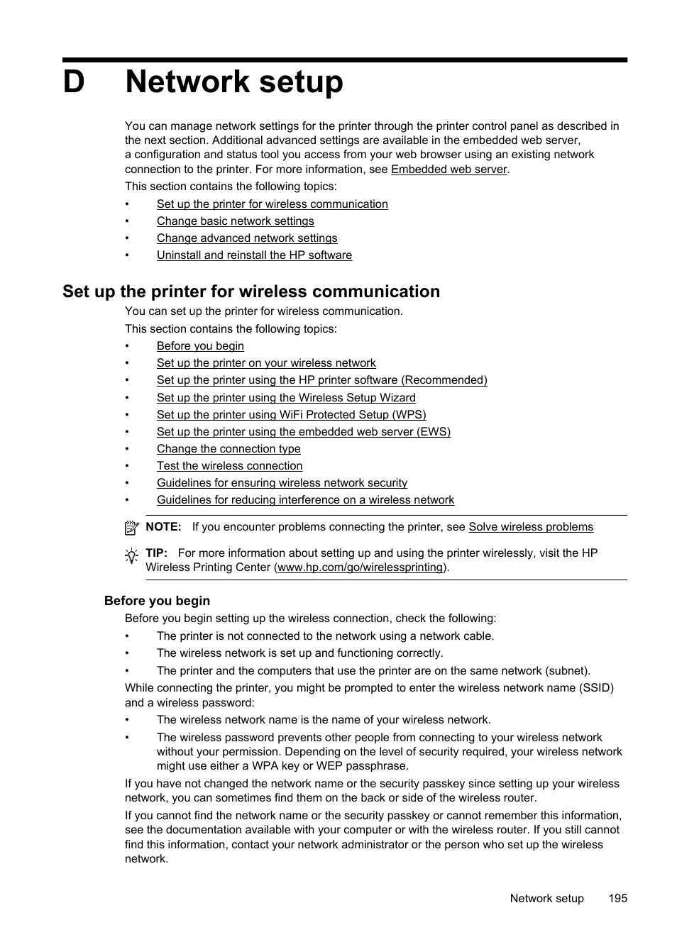 Network setup, Set up the printer for wireless communication, Before you begin | Dnetwork setup | HP Officejet 6700 Premium e-All-in-One Printer - H711n User Manual | Page 199 / 224