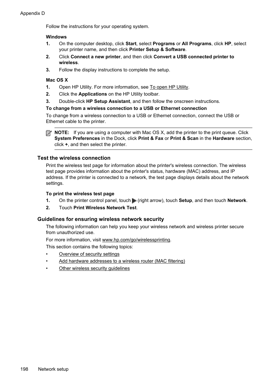 Test the wireless connection, Guidelines for ensuring wireless network security | HP Officejet 6700 Premium e-All-in-One Printer - H711n User Manual | Page 202 / 224