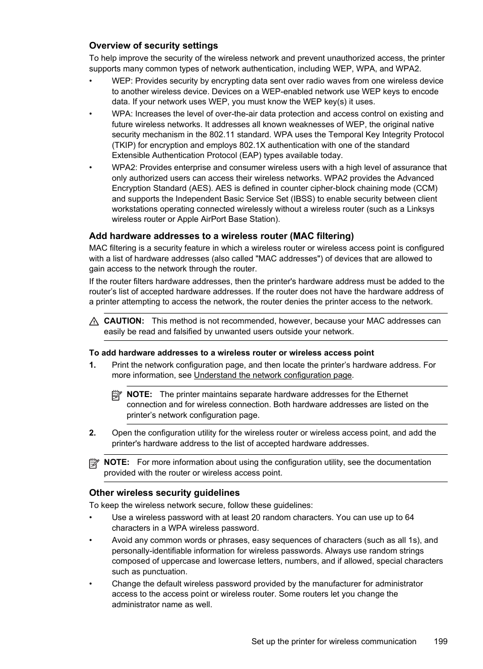 Overview of security settings, Other wireless security guidelines | HP Officejet 6700 Premium e-All-in-One Printer - H711n User Manual | Page 203 / 224