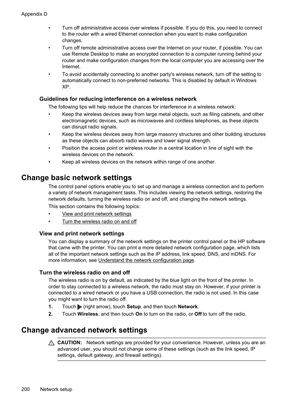Change basic network settings, View and print network settings, Turn the wireless radio on and off | Change advanced network settings | HP Officejet 6700 Premium e-All-in-One Printer - H711n User Manual | Page 204 / 224