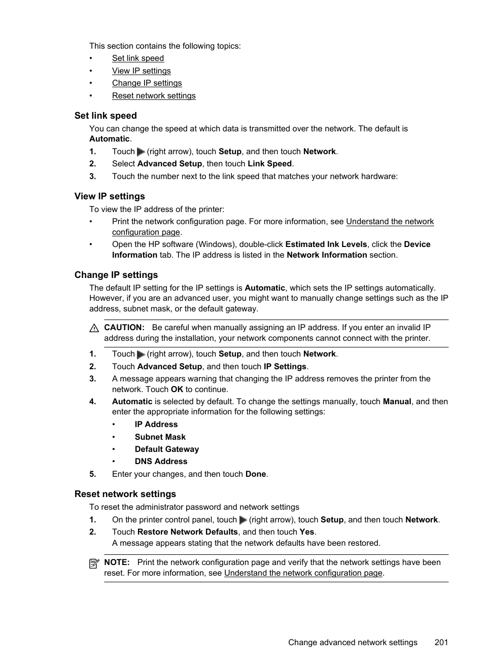 Set link speed, View ip settings, Change ip settings | Reset network settings | HP Officejet 6700 Premium e-All-in-One Printer - H711n User Manual | Page 205 / 224