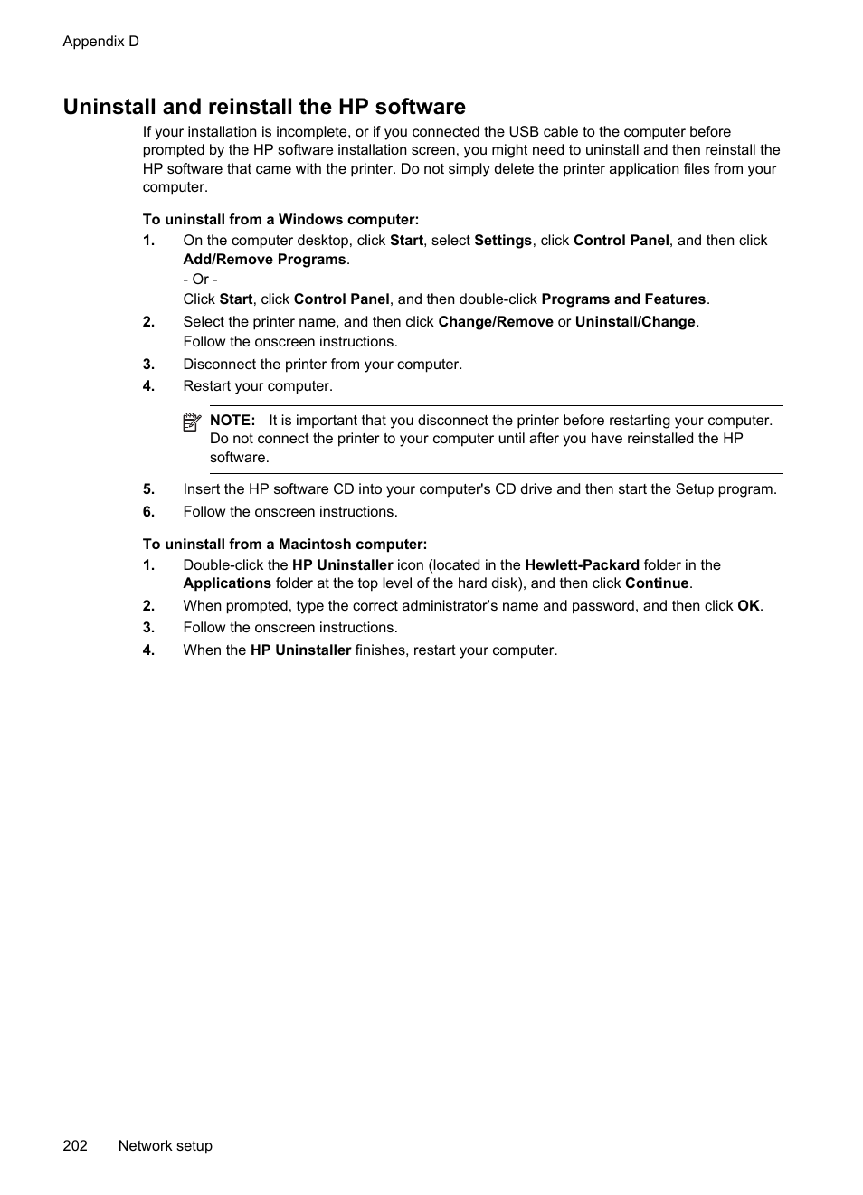 Uninstall and reinstall the hp software | HP Officejet 6700 Premium e-All-in-One Printer - H711n User Manual | Page 206 / 224