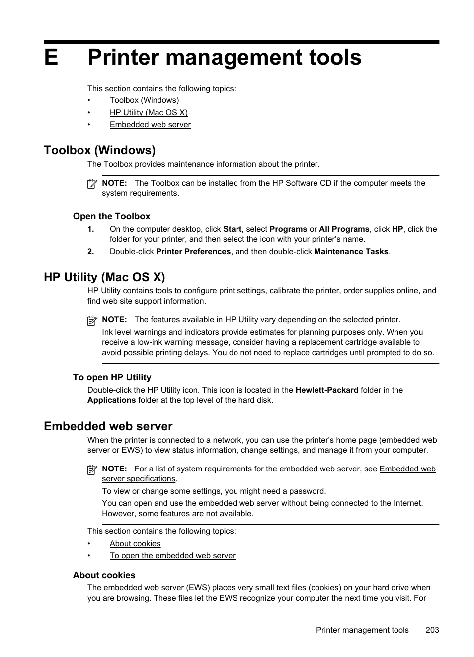 Printer management tools, Toolbox (windows), Hp utility (mac os x) | Embedded web server, About cookies, O open the embedded web server, E printer management tools, See open the toolbox, Re information, see embedded web server, Ation, see embedded web server | HP Officejet 6700 Premium e-All-in-One Printer - H711n User Manual | Page 207 / 224