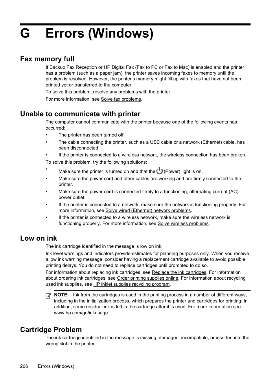 Gerrors (windows), Unable to communicate with printer, Low on ink | Cartridge problem | HP Officejet 6700 Premium e-All-in-One Printer - H711n User Manual | Page 210 / 224