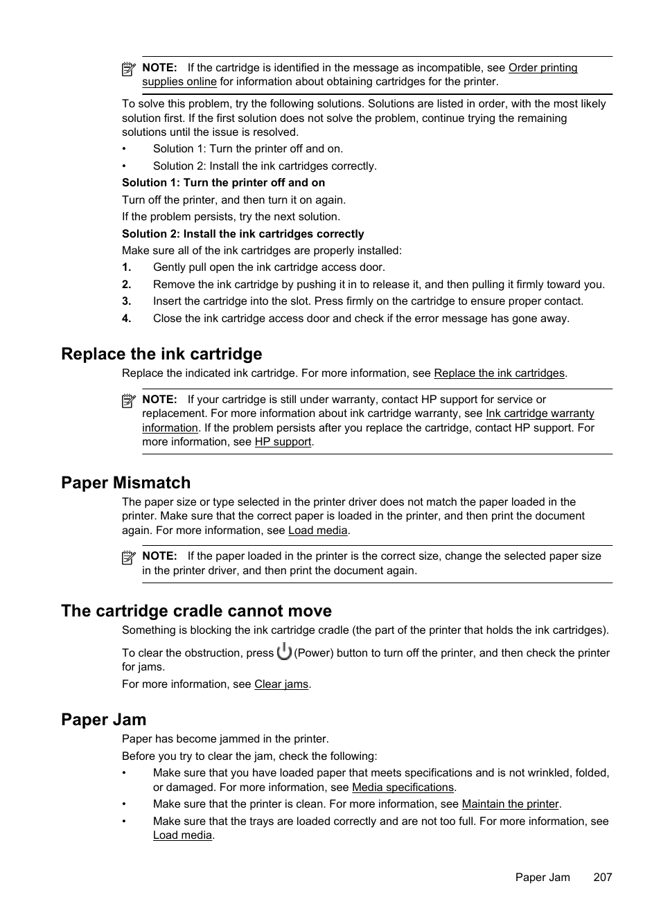 Replace the ink cartridge, Paper mismatch, The cartridge cradle cannot move | Paper jam | HP Officejet 6700 Premium e-All-in-One Printer - H711n User Manual | Page 211 / 224