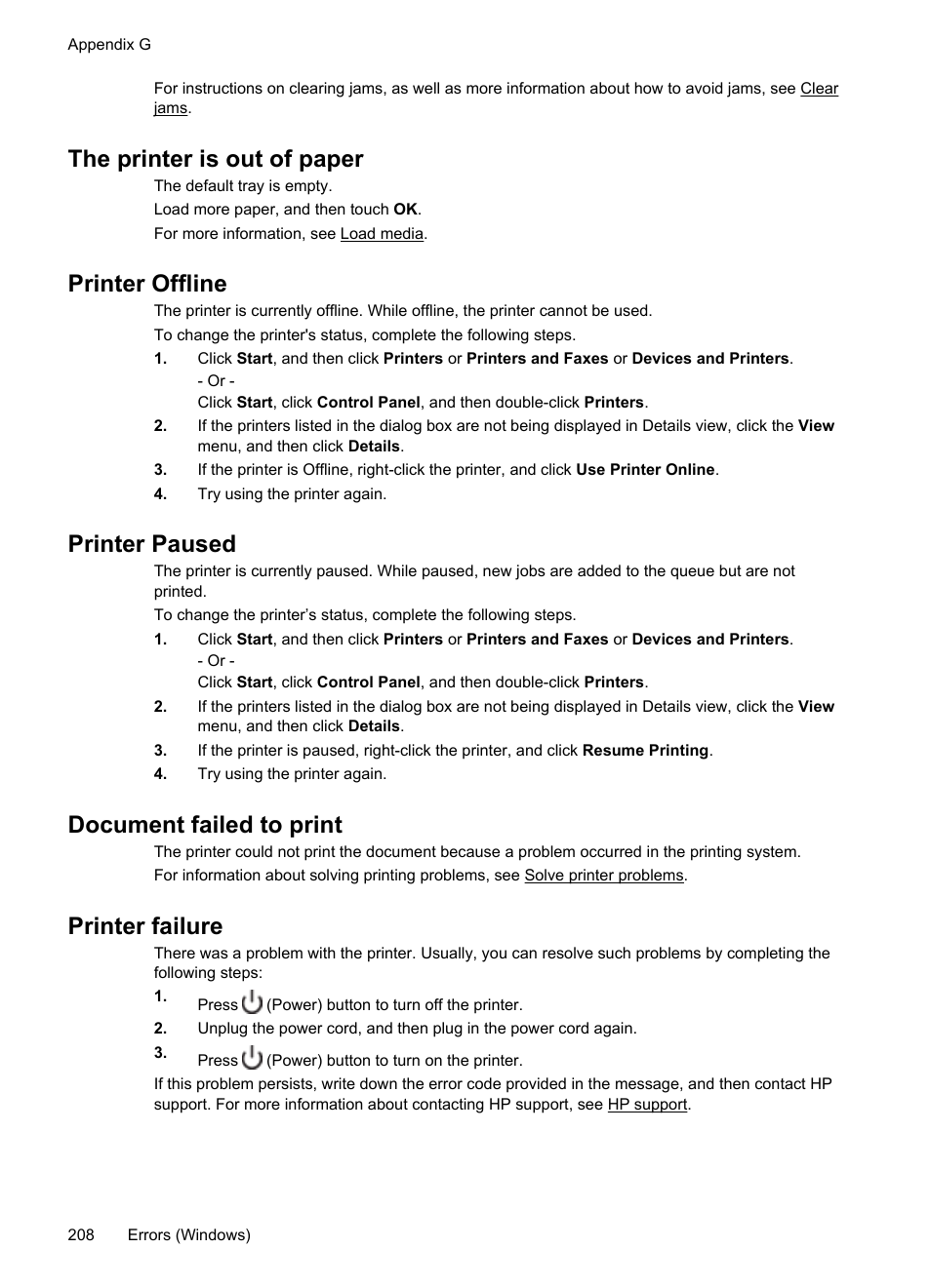 The printer is out of paper, Printer offline, Printer paused | Document failed to print, Printer failure | HP Officejet 6700 Premium e-All-in-One Printer - H711n User Manual | Page 212 / 224