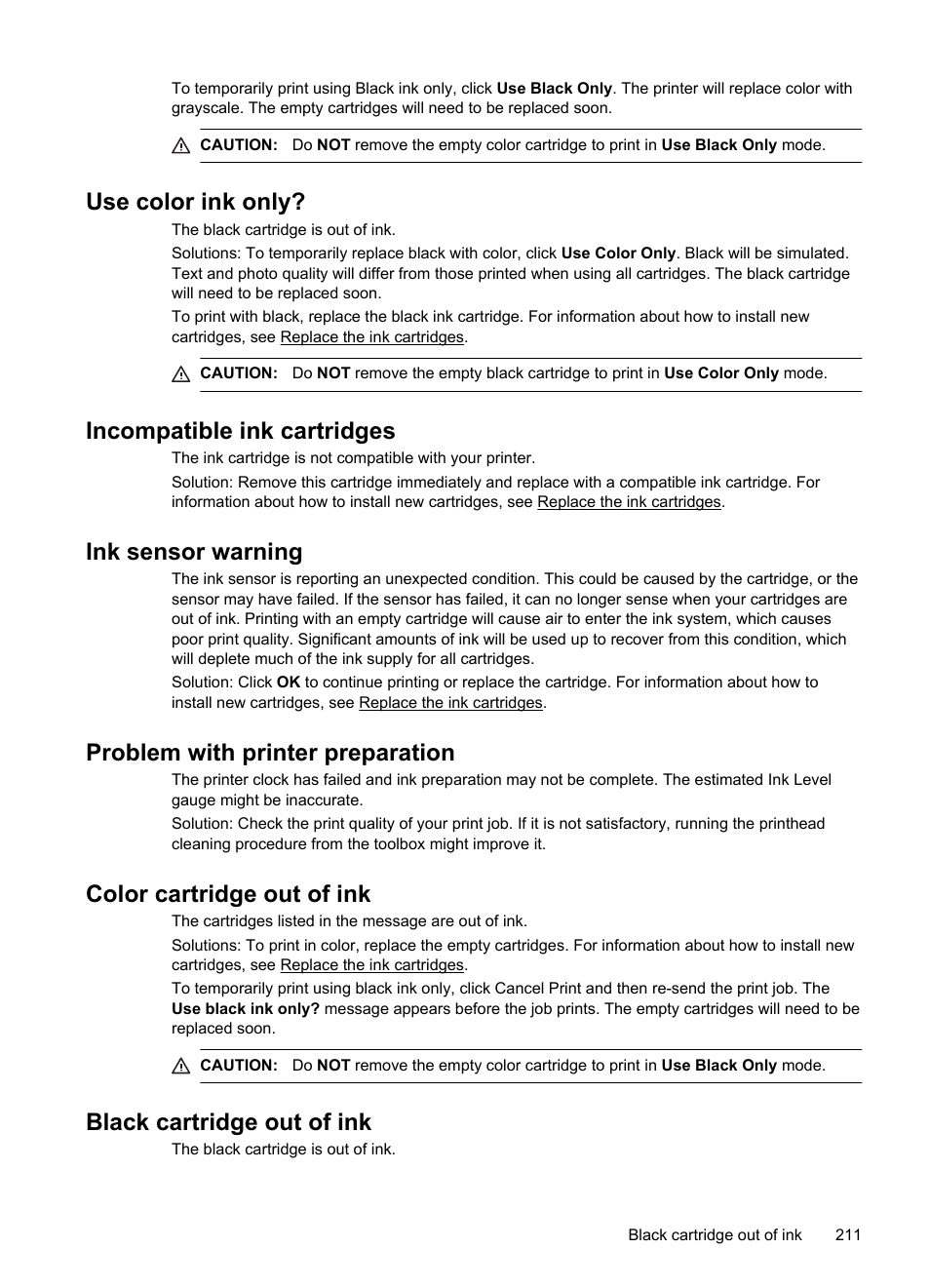 Use color ink only, Incompatible ink cartridges, Ink sensor warning | Problem with printer preparation, Color cartridge out of ink, Black cartridge out of ink | HP Officejet 6700 Premium e-All-in-One Printer - H711n User Manual | Page 215 / 224