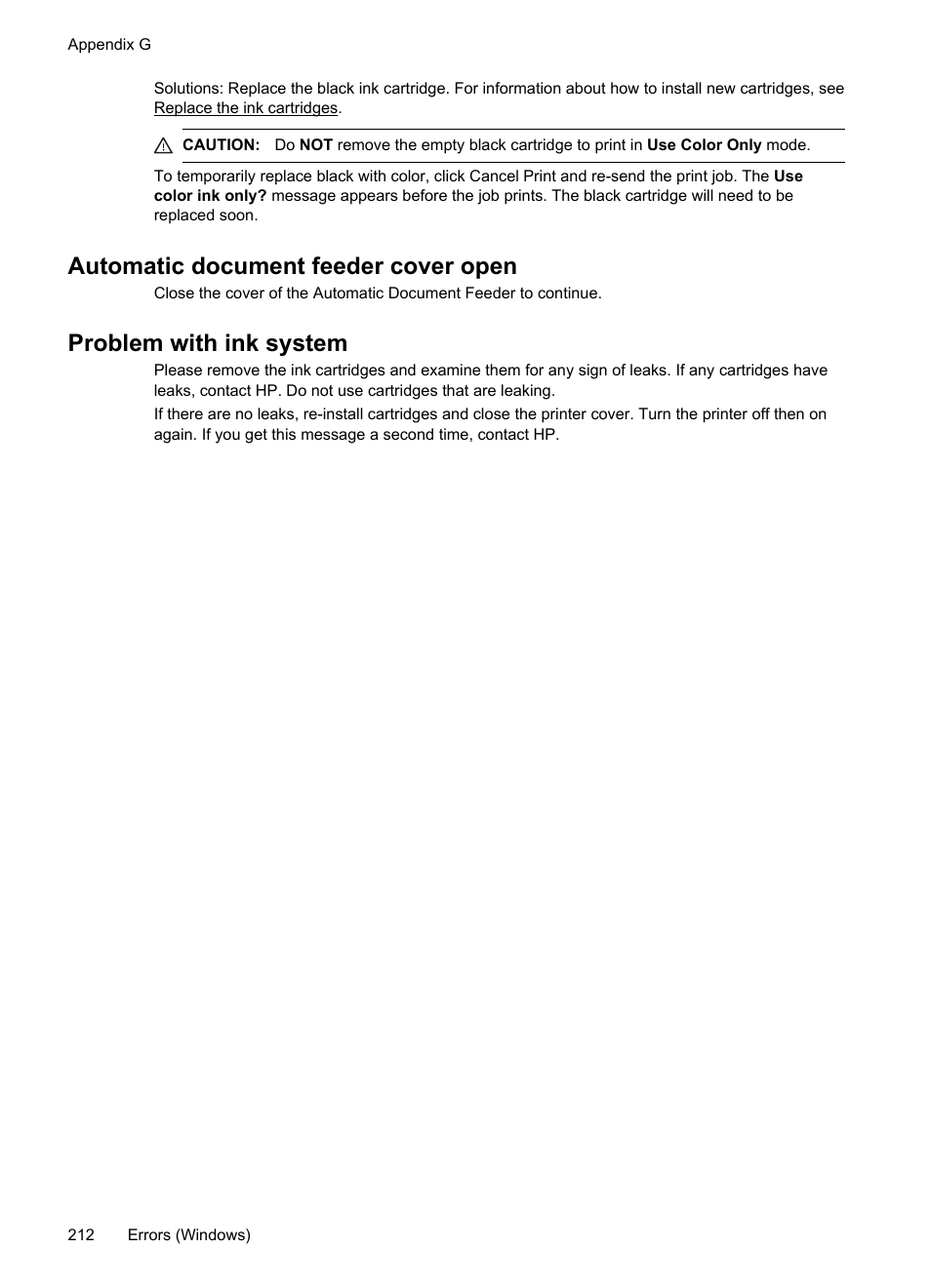 Automatic document feeder cover open, Problem with ink system | HP Officejet 6700 Premium e-All-in-One Printer - H711n User Manual | Page 216 / 224