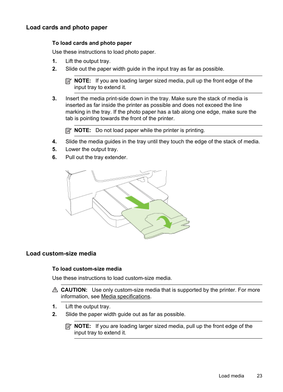Load cards and photo paper, Load custom-size media | HP Officejet 6700 Premium e-All-in-One Printer - H711n User Manual | Page 27 / 224