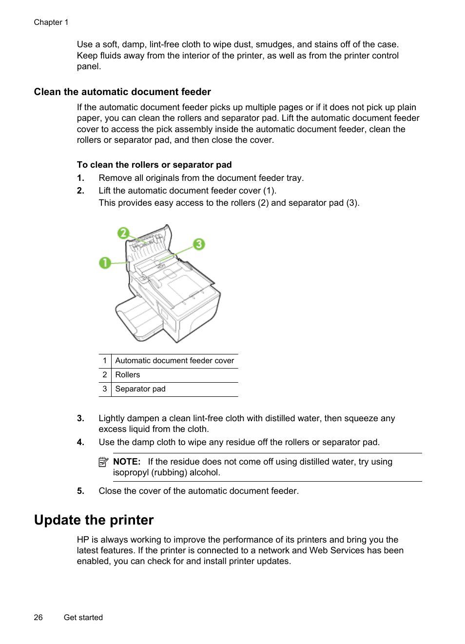 Clean the automatic document feeder, Update the printer | HP Officejet 6700 Premium e-All-in-One Printer - H711n User Manual | Page 30 / 224