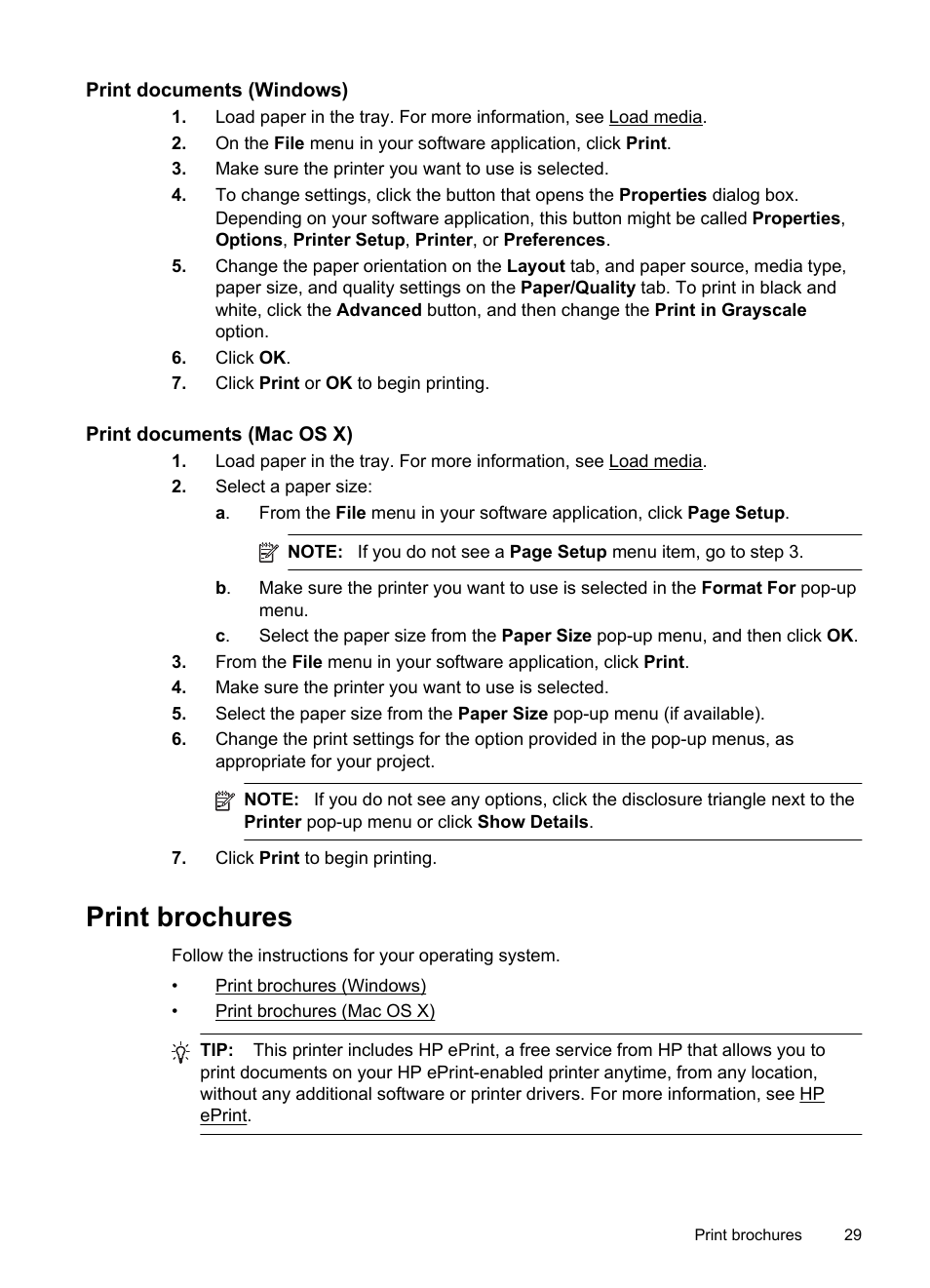 Print documents (windows), Print documents (mac os x), Print brochures | HP Officejet 6700 Premium e-All-in-One Printer - H711n User Manual | Page 33 / 224