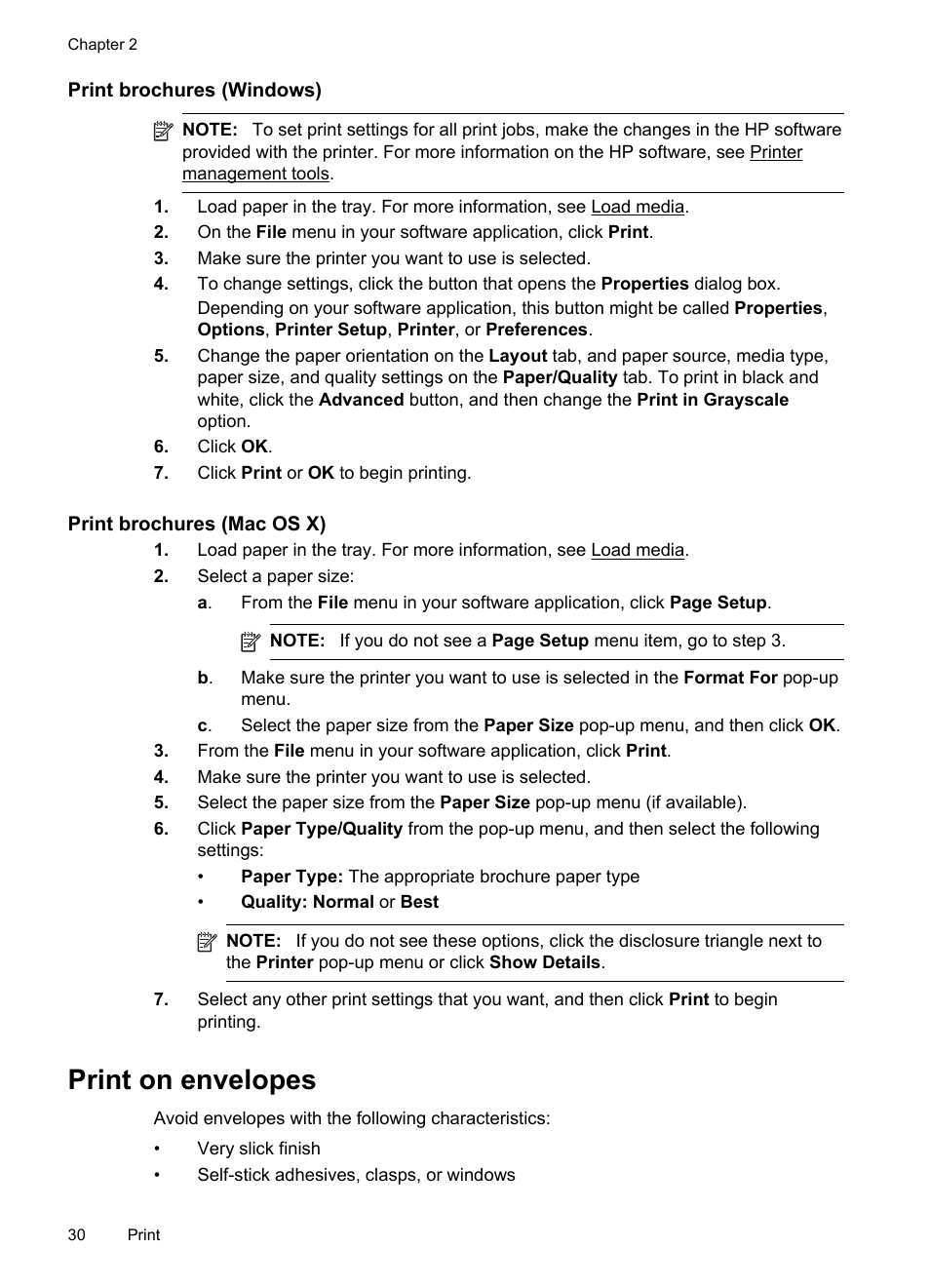 Print brochures (windows), Print brochures (mac os x), Print on envelopes | HP Officejet 6700 Premium e-All-in-One Printer - H711n User Manual | Page 34 / 224