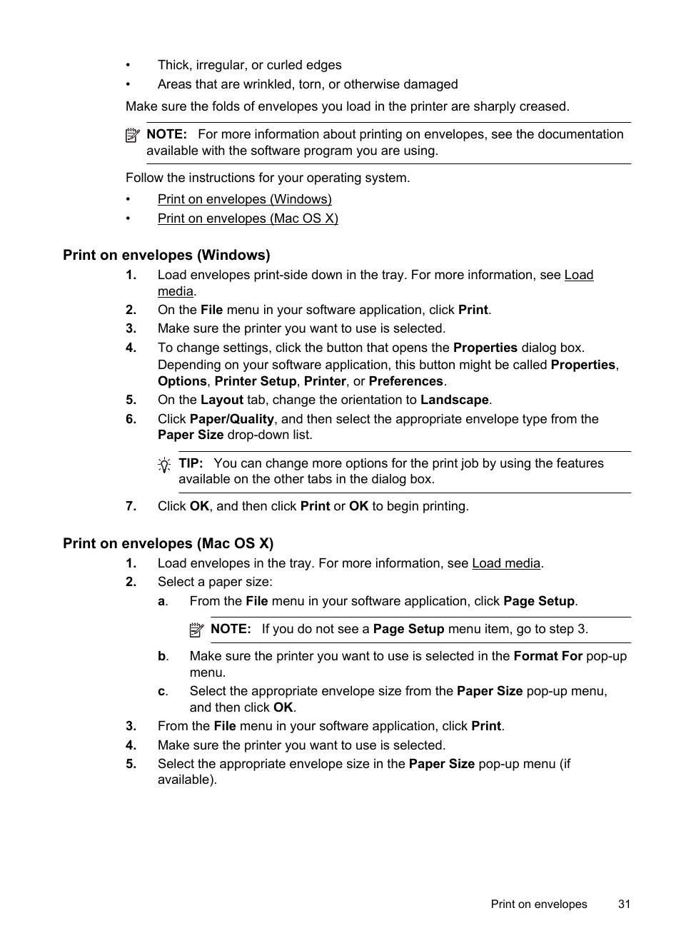 Print on envelopes (windows), Print on envelopes (mac os x) | HP Officejet 6700 Premium e-All-in-One Printer - H711n User Manual | Page 35 / 224