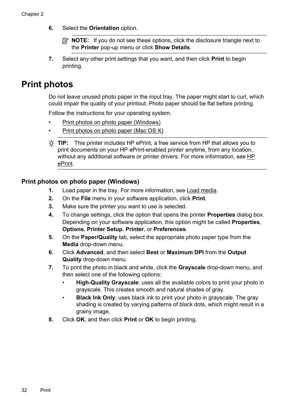 Print photos, Print photos on photo paper (windows) | HP Officejet 6700 Premium e-All-in-One Printer - H711n User Manual | Page 36 / 224