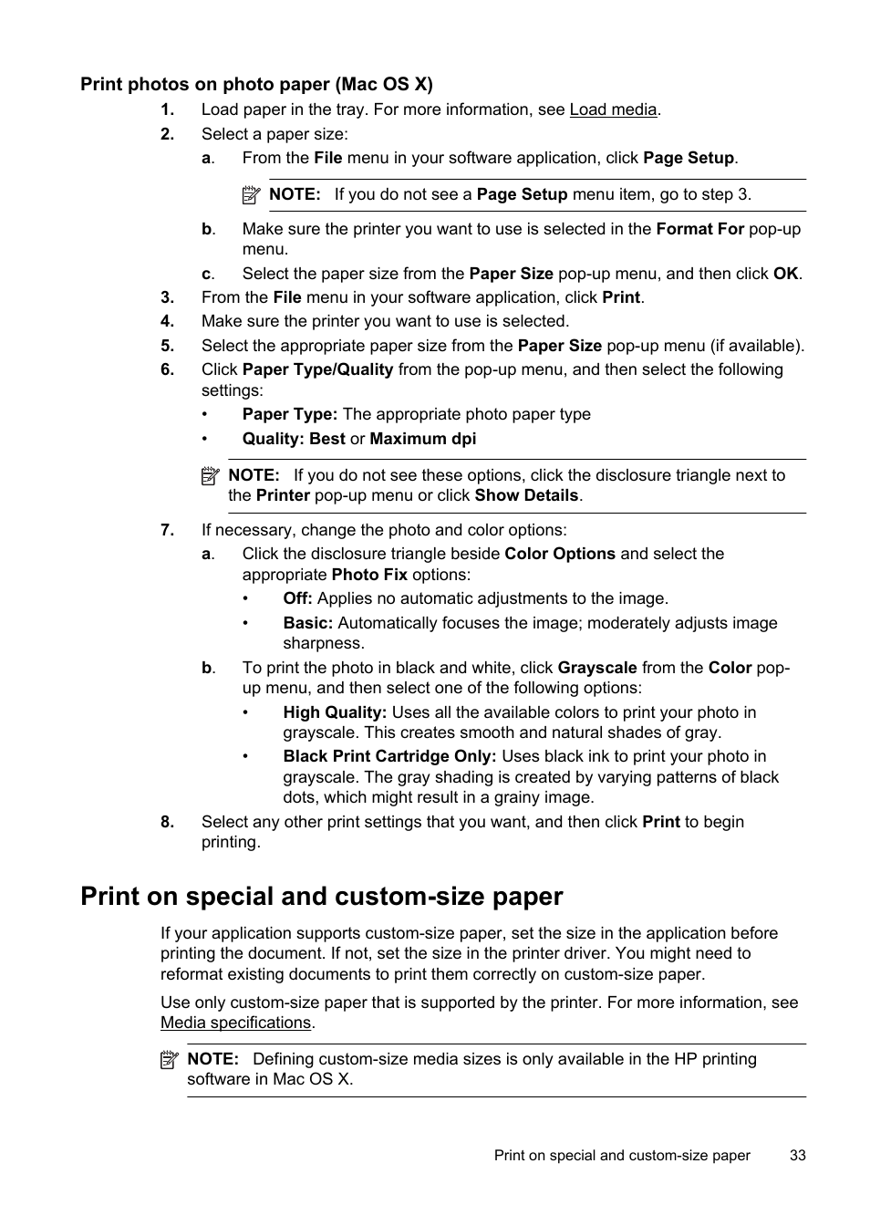 Print photos on photo paper (mac os x), Print on special and custom-size paper, Print on special or custom-size paper (mac os x) | HP Officejet 6700 Premium e-All-in-One Printer - H711n User Manual | Page 37 / 224