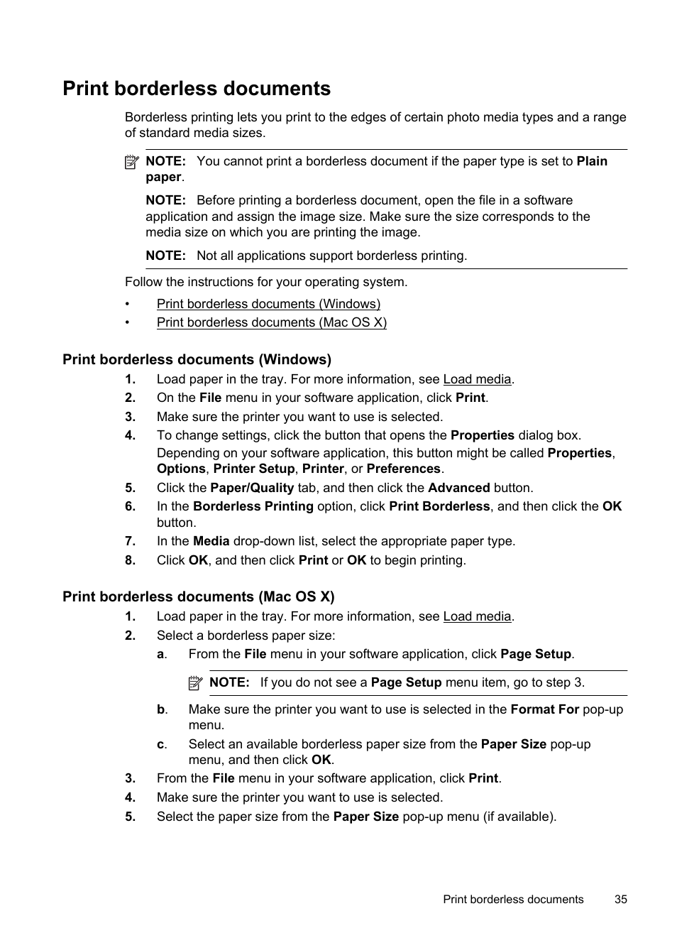Print borderless documents, Print borderless documents (windows), Print borderless documents (mac os x) | HP Officejet 6700 Premium e-All-in-One Printer - H711n User Manual | Page 39 / 224