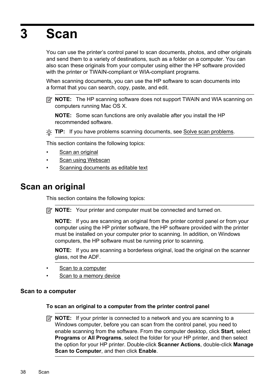 Scan, Scan an original, Scan to a computer | Scan to a computer scan to a memory device, 3scan | HP Officejet 6700 Premium e-All-in-One Printer - H711n User Manual | Page 42 / 224