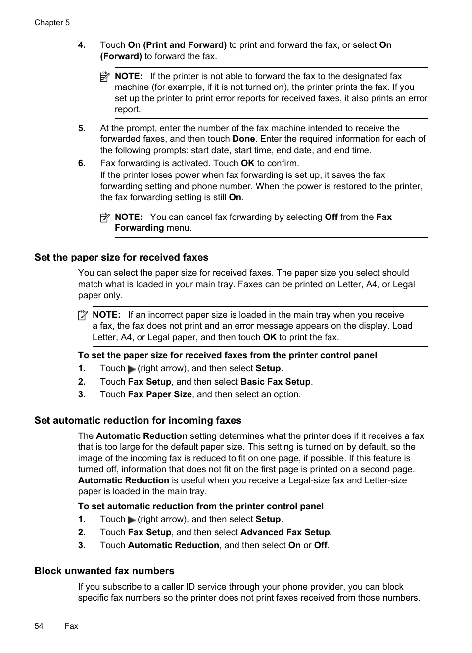 Set the paper size for received faxes, Set automatic reduction for incoming faxes, Block unwanted fax numbers | HP Officejet 6700 Premium e-All-in-One Printer - H711n User Manual | Page 58 / 224