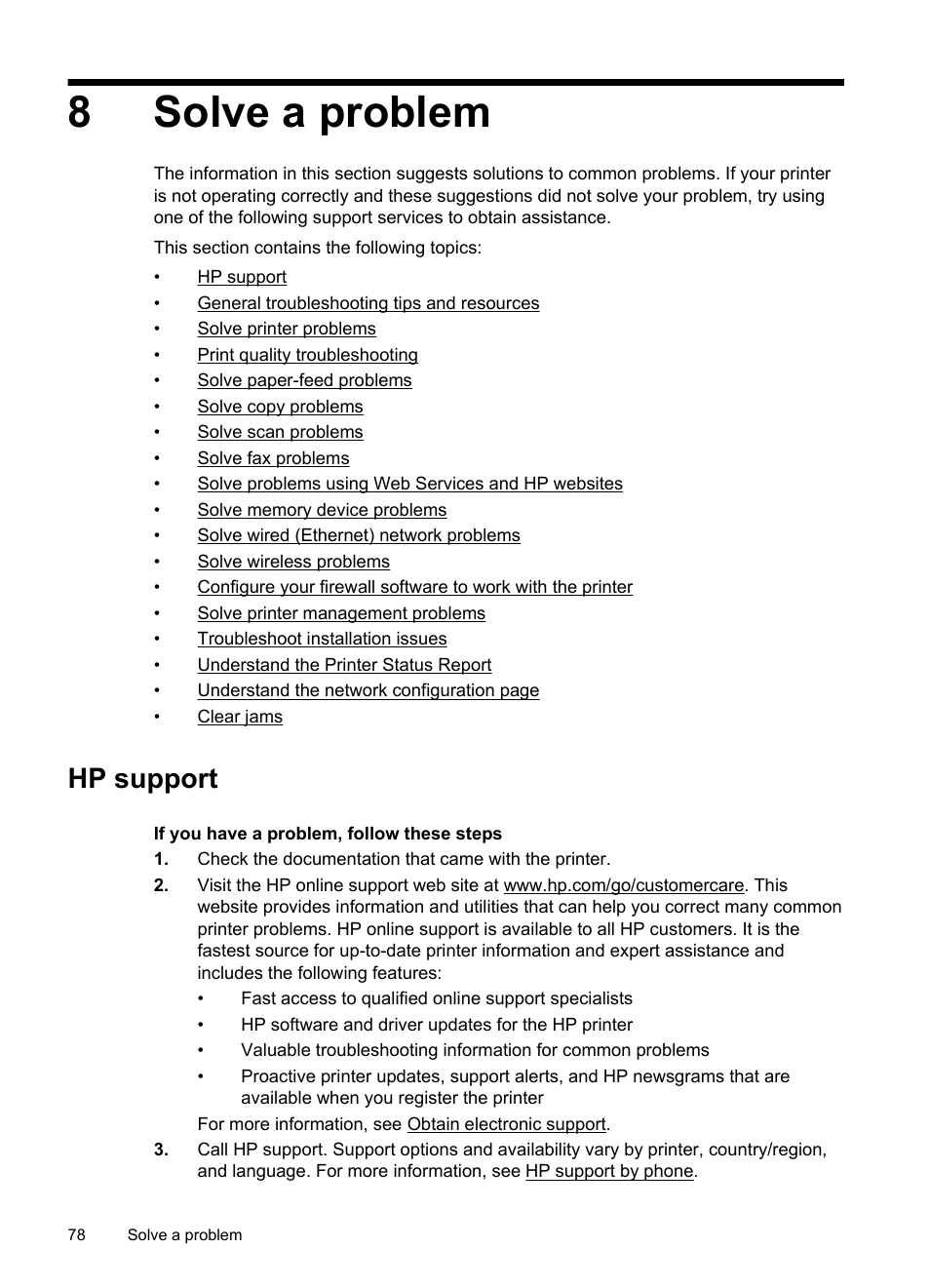 Solve a problem, Hp support, Obtain electronic support hp support by phone | 8solve a problem | HP Officejet 6700 Premium e-All-in-One Printer - H711n User Manual | Page 82 / 224