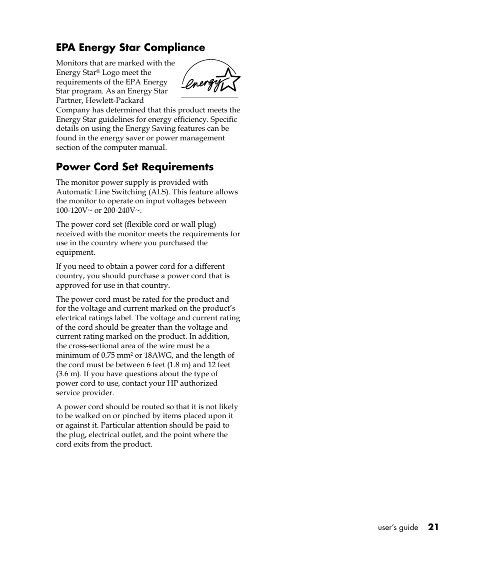 Epa energy star compliance, Power cord set requirements | HP Pavilion vf52 15 inch Flat Panel Monitor User Manual | Page 25 / 26