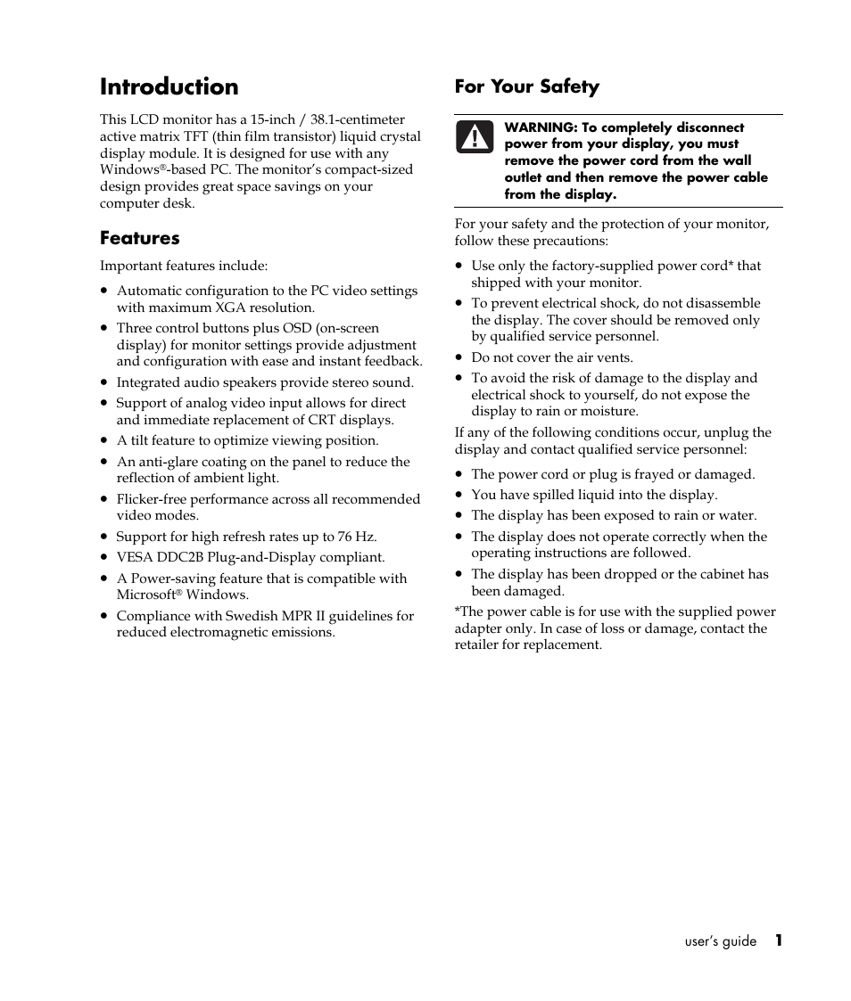 Introduction, Features, For your safety | HP Pavilion vf52 15 inch Flat Panel Monitor User Manual | Page 5 / 26