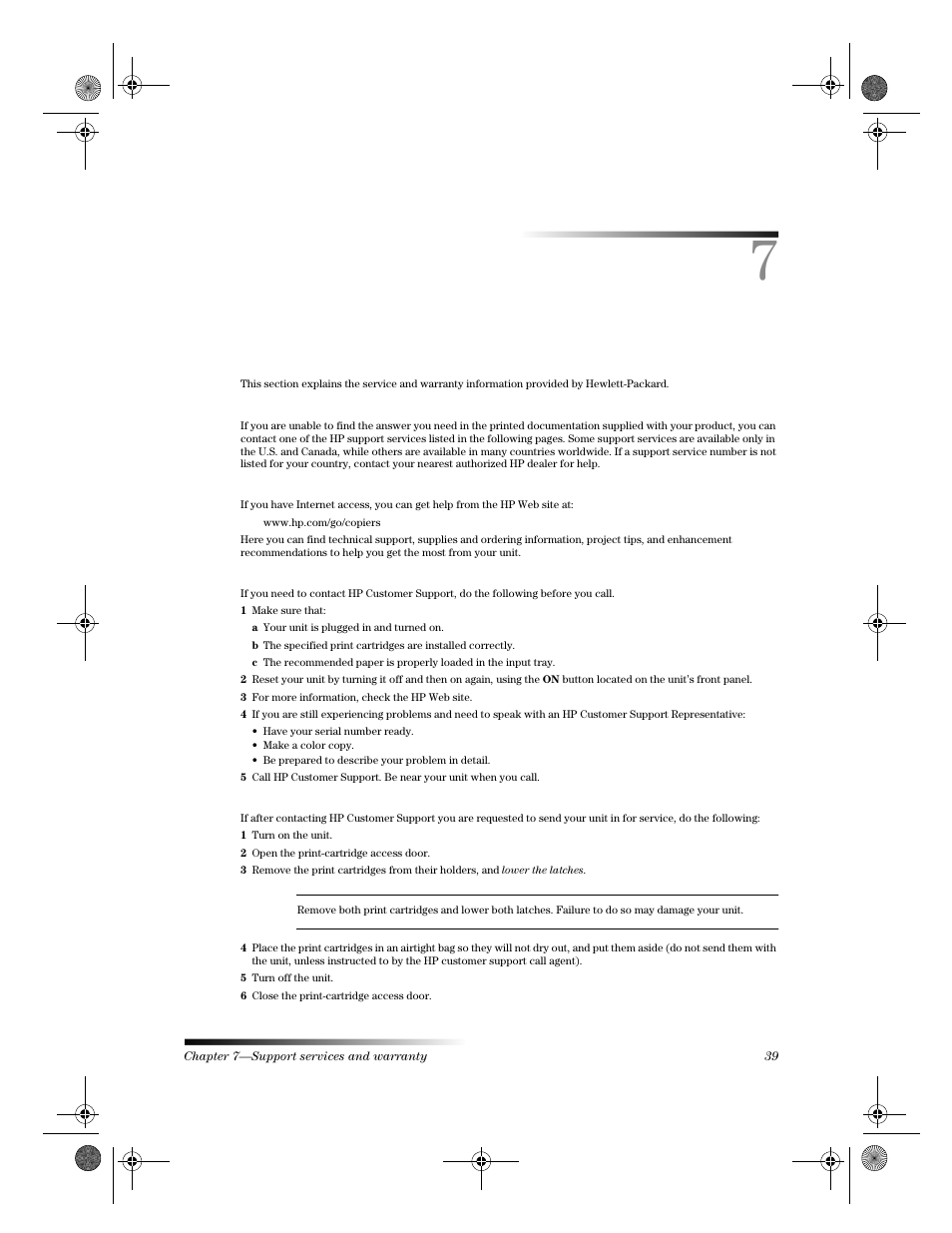 Support services and warranty | HP 120 Color Copier User Manual | Page 43 / 54