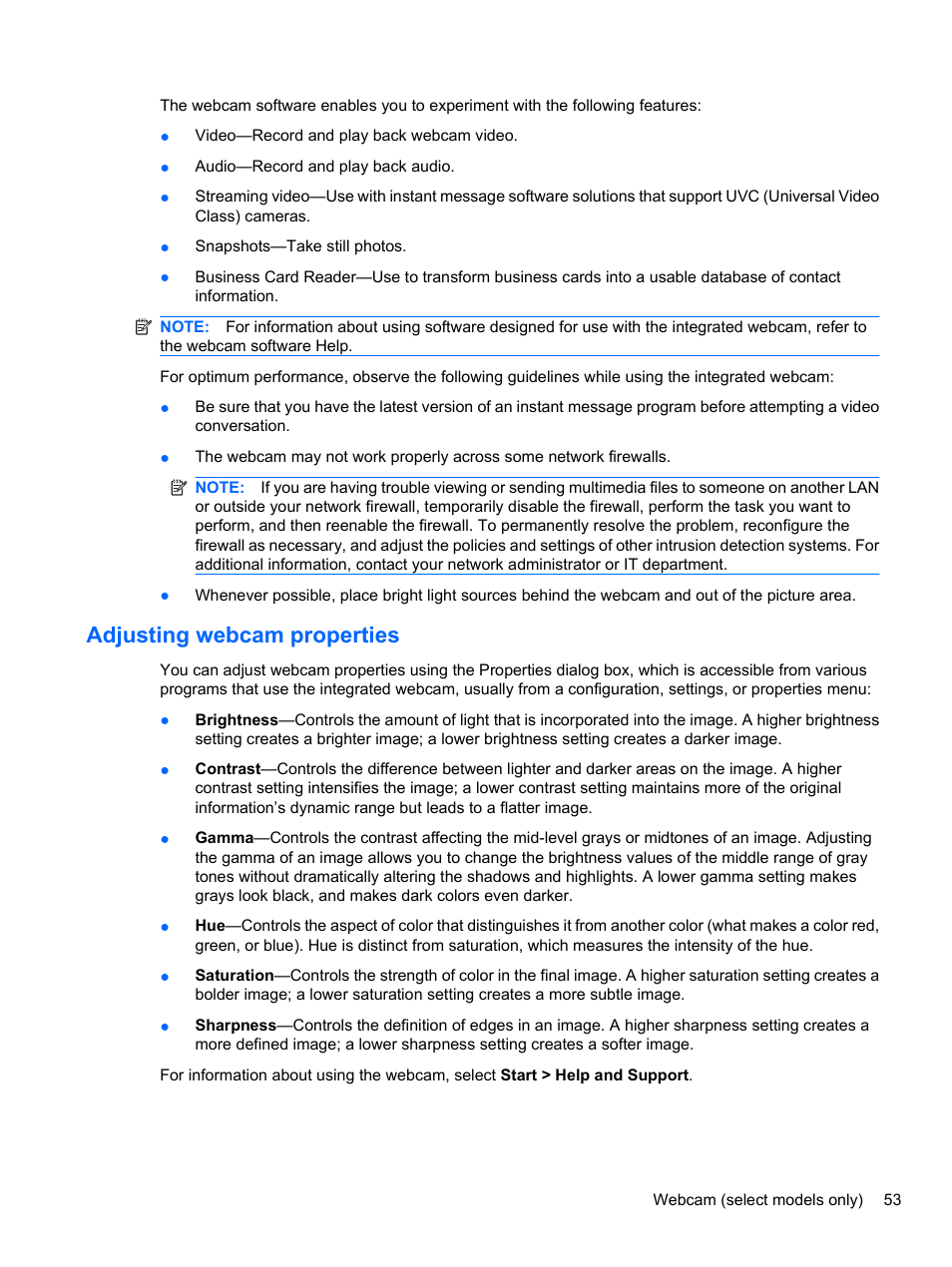 Adjusting webcam properties | HP EliteBook 8740w Mobile Workstation User Manual | Page 65 / 152