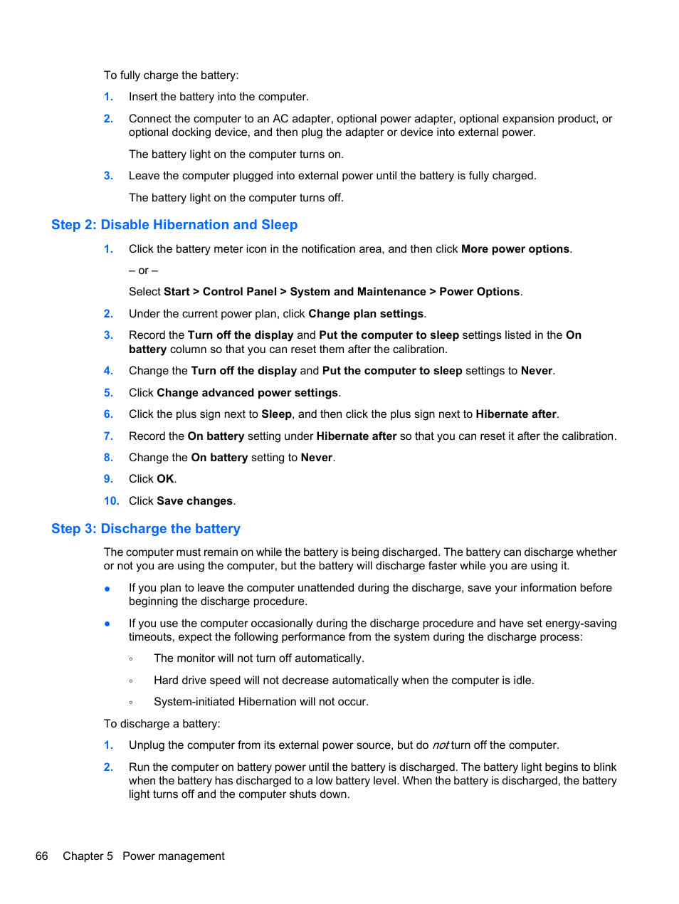 Step 2: disable hibernation and sleep, Step 3: discharge the battery | HP EliteBook 8740w Mobile Workstation User Manual | Page 78 / 152